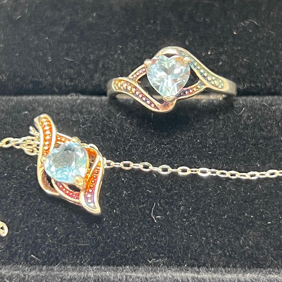 RJ Jewelry - RJ Sterling Silver 925 Heart Blue Stone Ring Size 6 and Necklace Jewelry Set